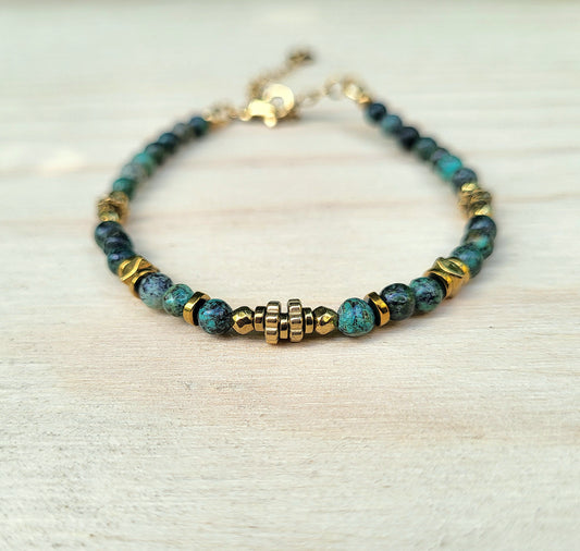 Bracelet pierre naturelle Turquoise Africaine – Bijou femme doré à l’or fin – Fermoir acier inoxydable – Cadeau énergétique lithothérapie