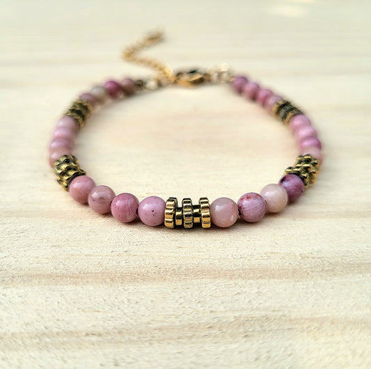 Bracelet pierre naturelle Rhodonite – Bijou femme doré à l’or fin – Fermoir acier inoxydable – Cadeau énergétique lithothérapie