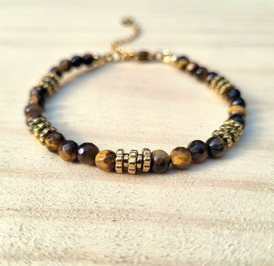 Bracelet pierre naturelle Oeil de Tigre – Bijou femme doré à l’or fin – Fermoir acier inoxydable – Cadeau énergétique lithothérapie