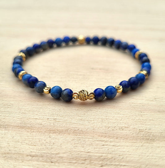 Bracelet perles naturelles & dorées à l'or fin, Pierre Lapis Lazuli semi-précieuse / Bijou élastique fait main femme, Cadeau bien être