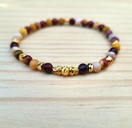 Bracelet perles naturelles & dorées à l'or fin, Pierre Mokaïte semi-précieuse /Bijou élastique fait main femme, Cadeau bien être